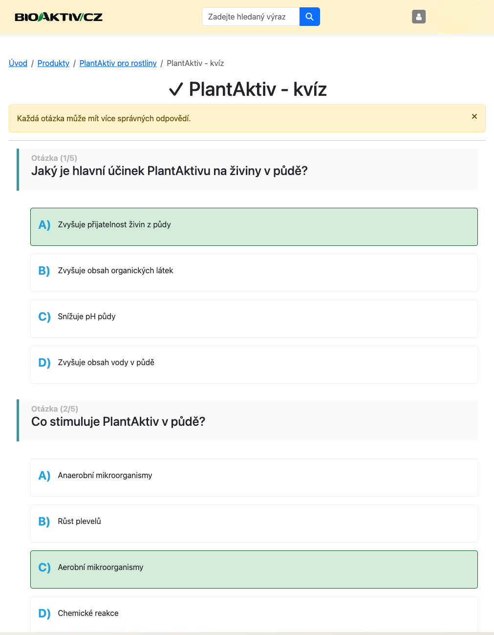 Detail kvízu, kde uživatel označuje své odpovědi u otázek.